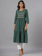 Juniper Women Green Seer Sucker Embroidered High Slit Kurta | Grocsy
