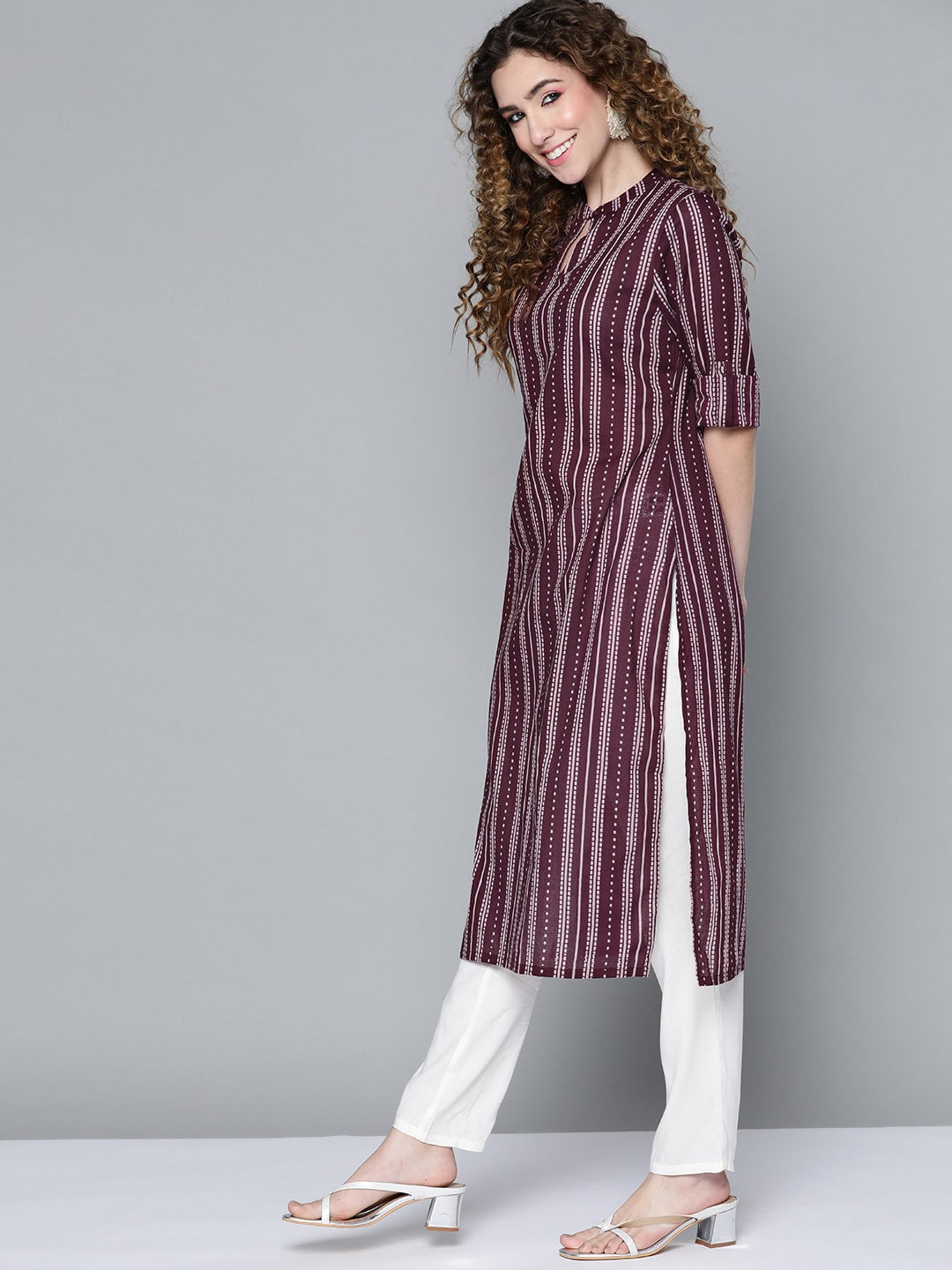 HERE&NOW Women Burgundy & White Printed Kurta | Grocsy