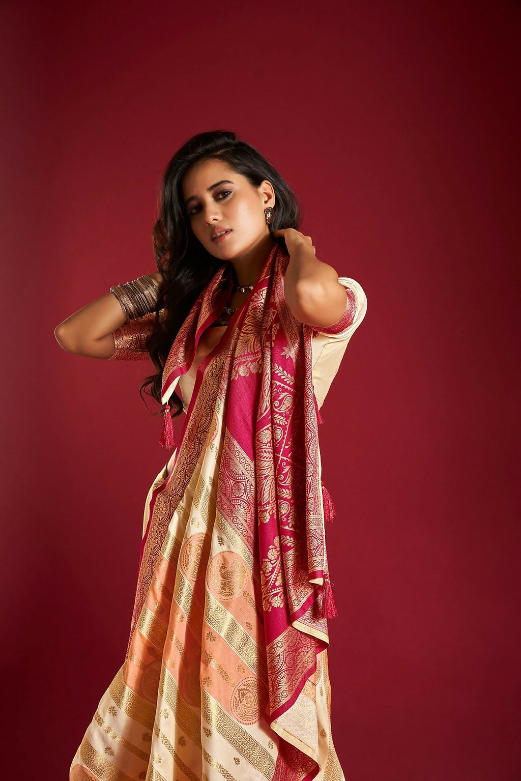 Joban Fashion Cream & Orange Plain With Weaving Border Banarasi Silk Sarees | Grocsy