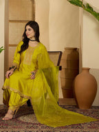 The52 Women's Beautiful Embroidery Work Vichitra Fabric A-line Kurta Pant and Dupatta Set | Grocsy