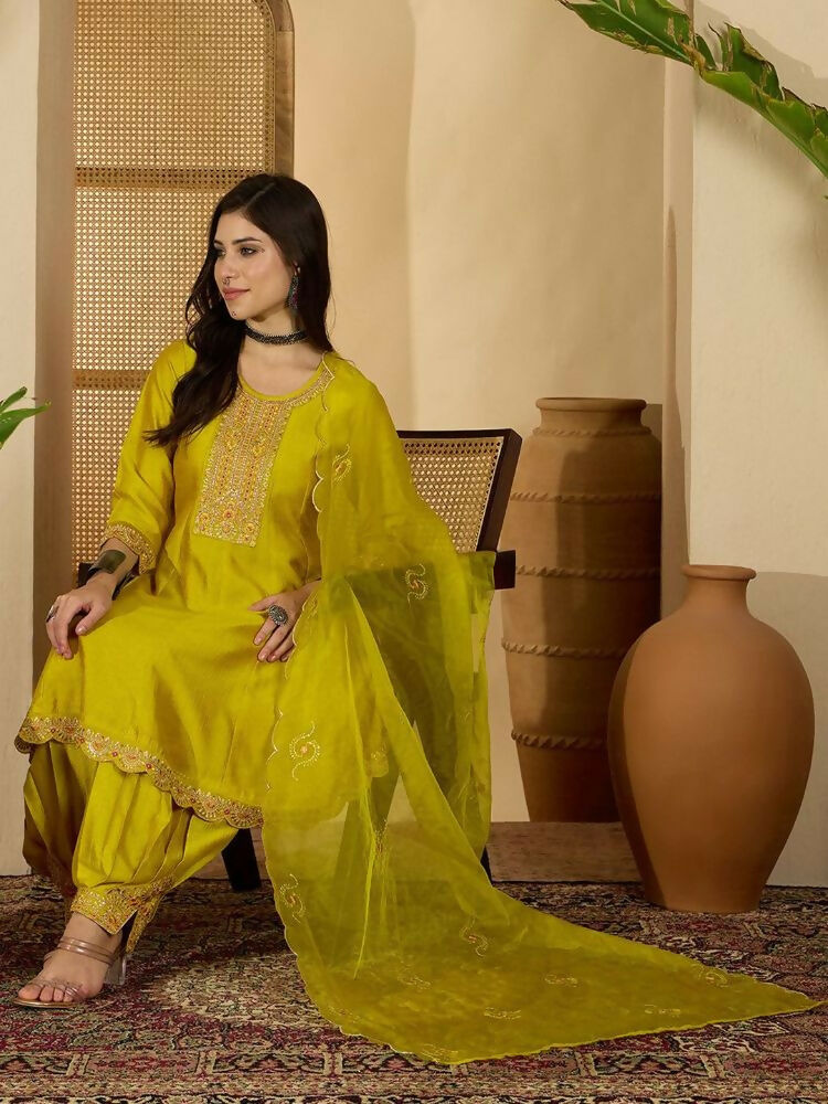The52 Women's Beautiful Embroidery Work Vichitra Fabric A-line Kurta Pant and Dupatta Set | Grocsy