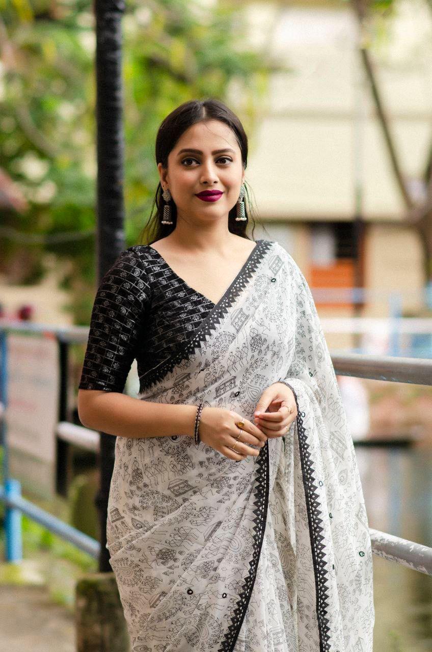 Black Pure Georgette Warli Saree with Unstitched Blouse - A2M | Grocsy
