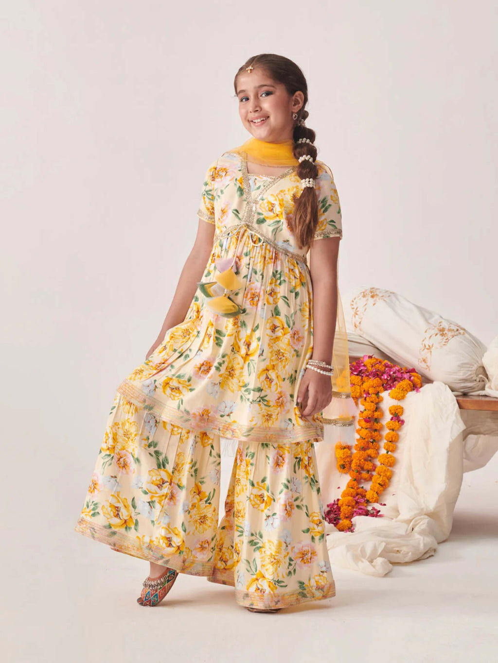 Joban Fashion Girl's White & Yellow Color Sharara Set | Grocsy