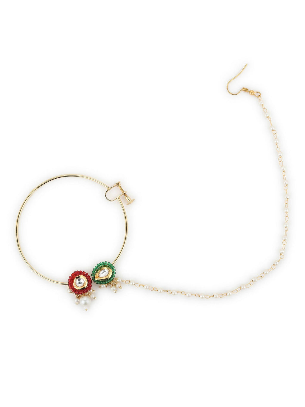 Gold-Polished White Red Stone-Studded Pearl Beaded Nosepin - Ruby Raang | Grocsy