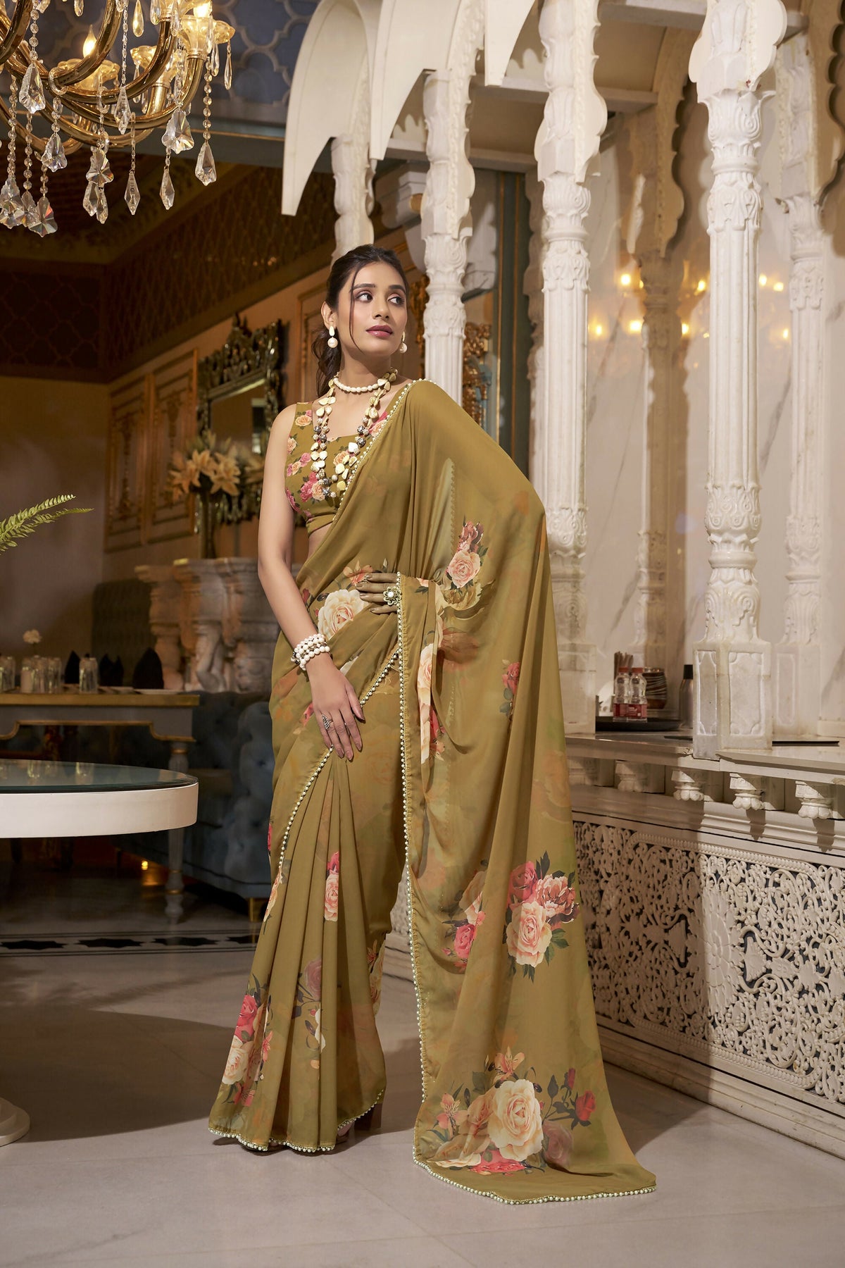 Vastranavya Brown Spectacular Georgette Printed with Pearl Lace Saree with Unstitched Blouse | Grocsy