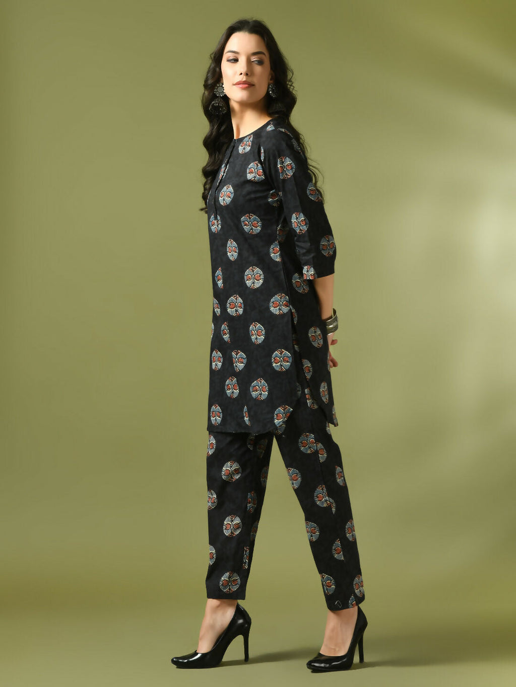 Myshka Women's Black Printed Cotton Round Neck Party Tunic With Trousers Co-ord set | Grocsy