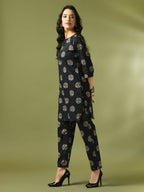 Myshka Women's Black Printed Cotton Round Neck Party Tunic With Trousers Co-ord set | Grocsy