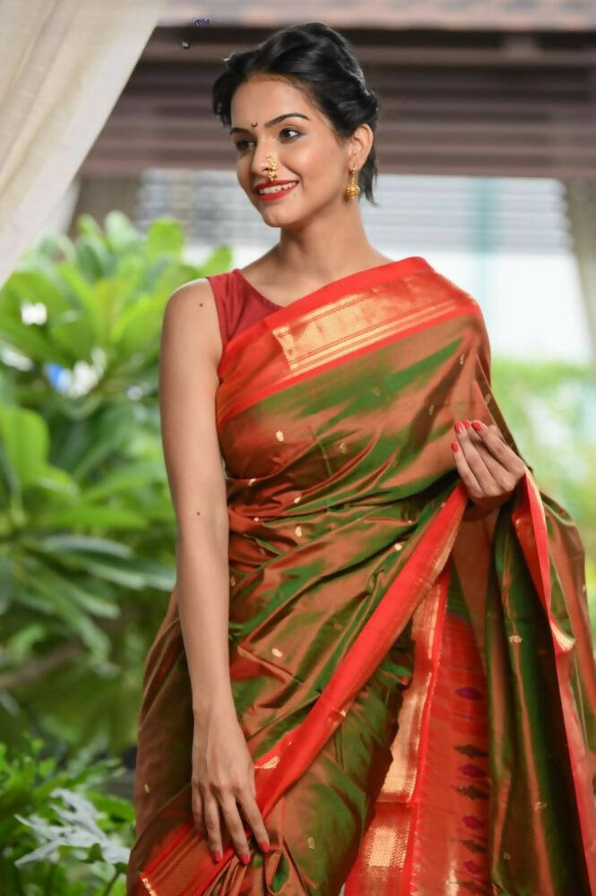 Very Much Indian Pure Silk Yeola Handloom Green Red Dual Tone - Paithani Saree With Traditional Double Pallu | Grocsy