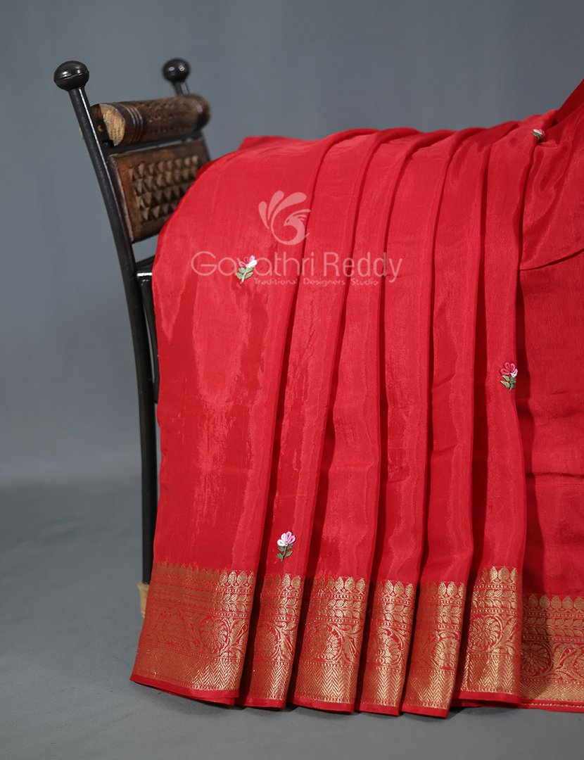Vibrant Bright Red With Floral Motifs Pure Dola Silk Saree By Gayathri Reddy Designer Studio | Grocsy
