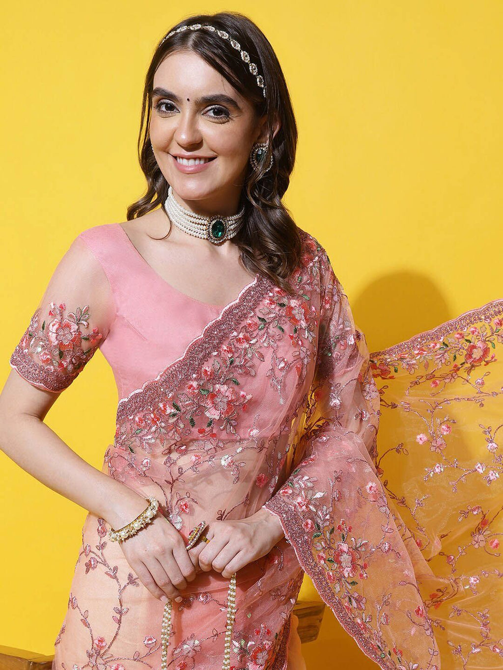 kasee Floral Embroidered Net Saree | Grocsy