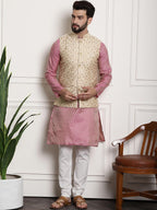Sojanya Men Pink Ethnic Motifs Kurta with Pyjamas & Nehru Jacket | Grocsy