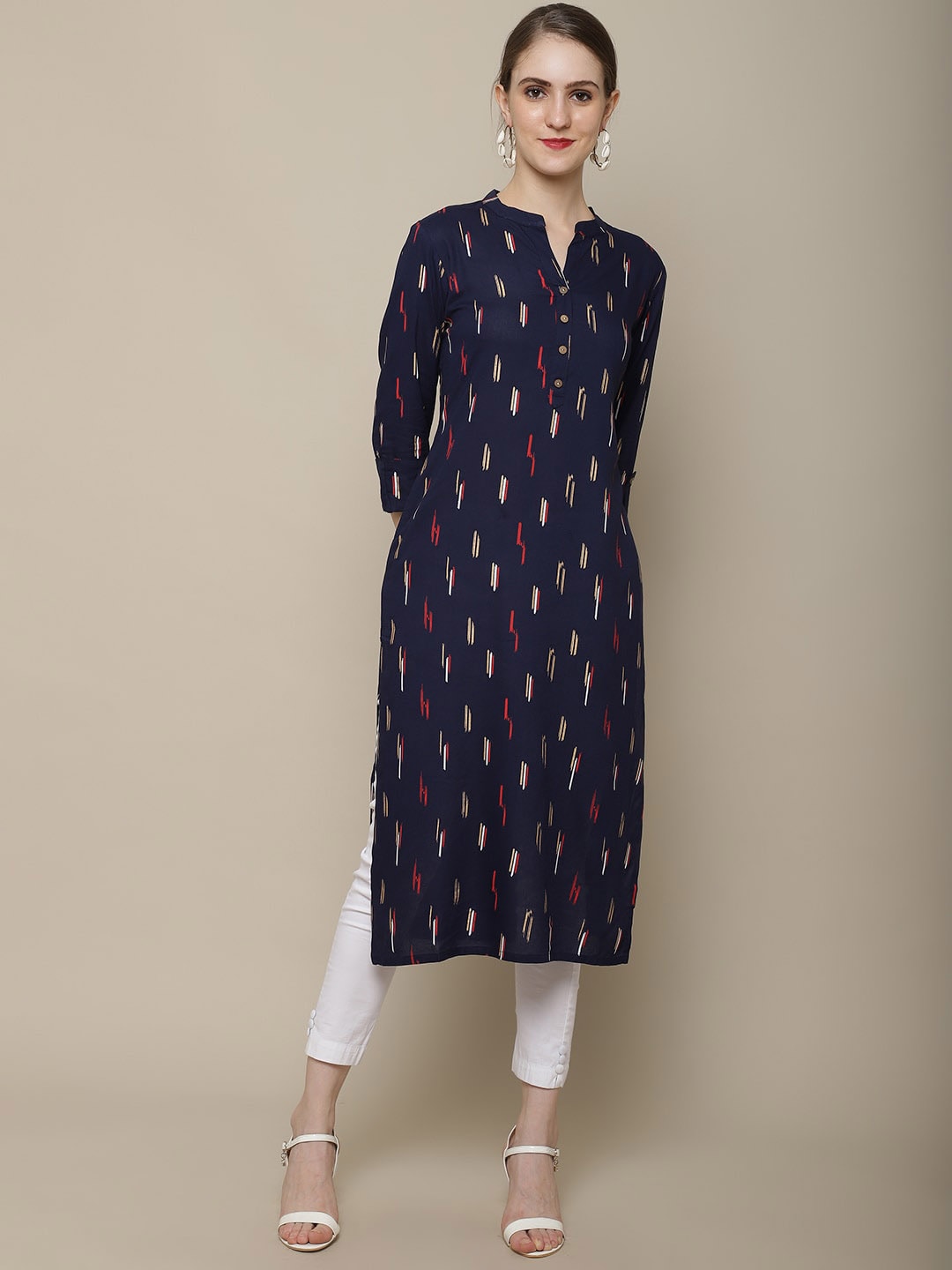 Sangria Women Navy Blue & Red Pure Cotton Geometric Printed Kurta | Grocsy