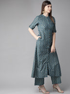 Aks Chevron Printed Band Collar A-Line Kurta | Grocsy