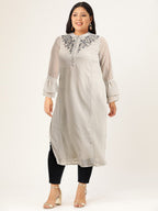 All About You Women Grey Bell Sleeves Yoke Design Thread Work Dobby Kurta | Grocsy