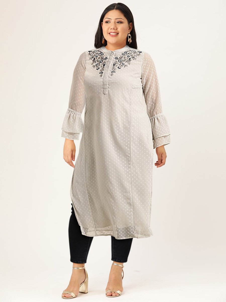 All About You Women Grey Bell Sleeves Yoke Design Thread Work Dobby Kurta | Grocsy
