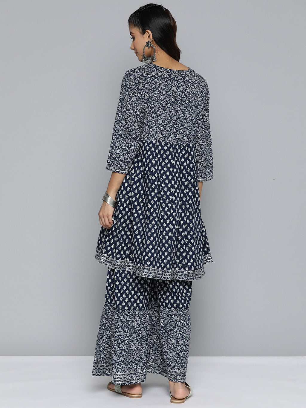 HERE&NOW Ethnic Motifs Printed Layered Gotta Patti Pure Cotton Kurta with Sharara | Grocsy