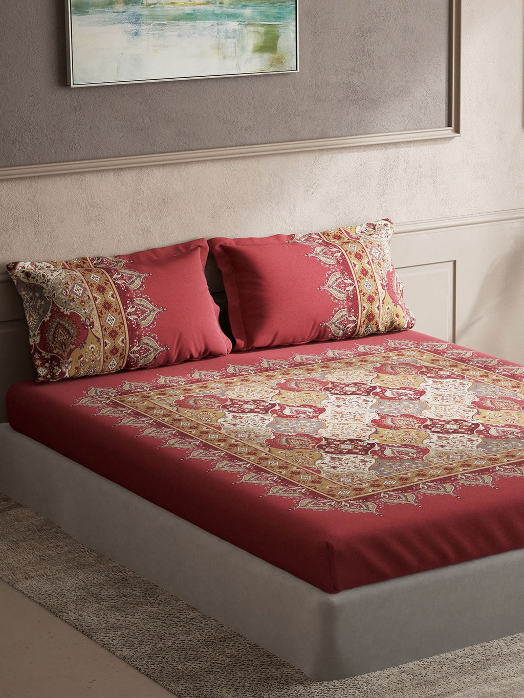 DDecor Red & White Ethnic Motifs Cotton 140 TC King Bedsheet with 2 Pillow Covers | Grocsy