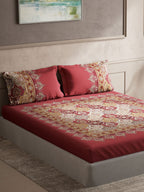 DDecor Red & White Ethnic Motifs Cotton 140 TC King Bedsheet with 2 Pillow Covers | Grocsy