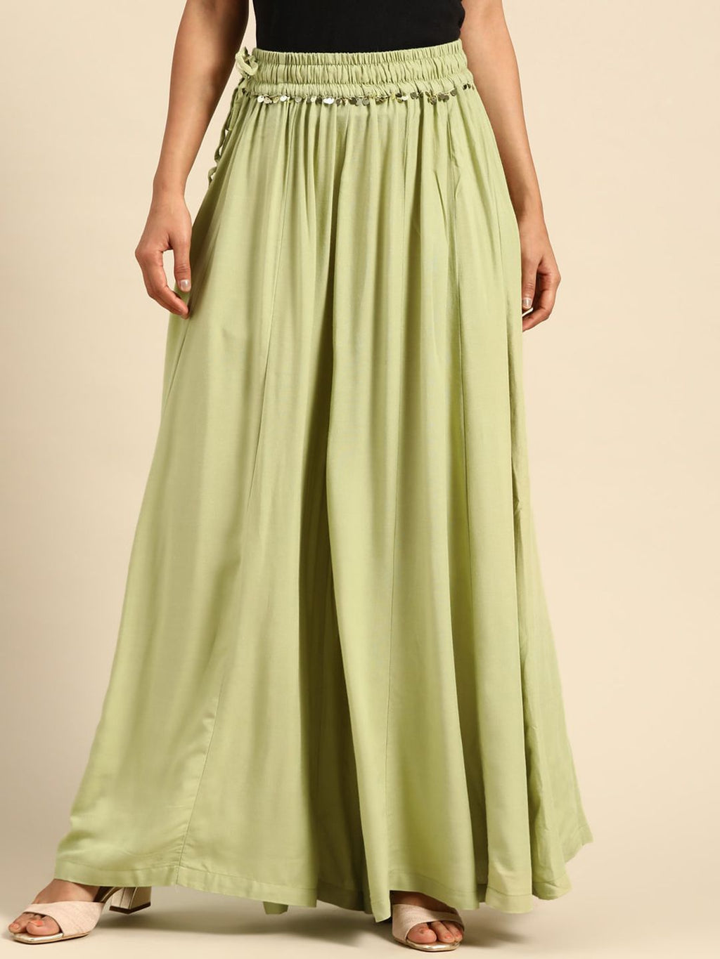 TAG 7 Women White & Green Solid Flared Palazzos | Grocsy
