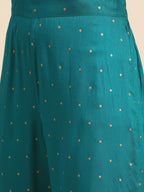 Sangria Women Teal Green & Golden Floral Embroidered Kurta with Trousers | Grocsy