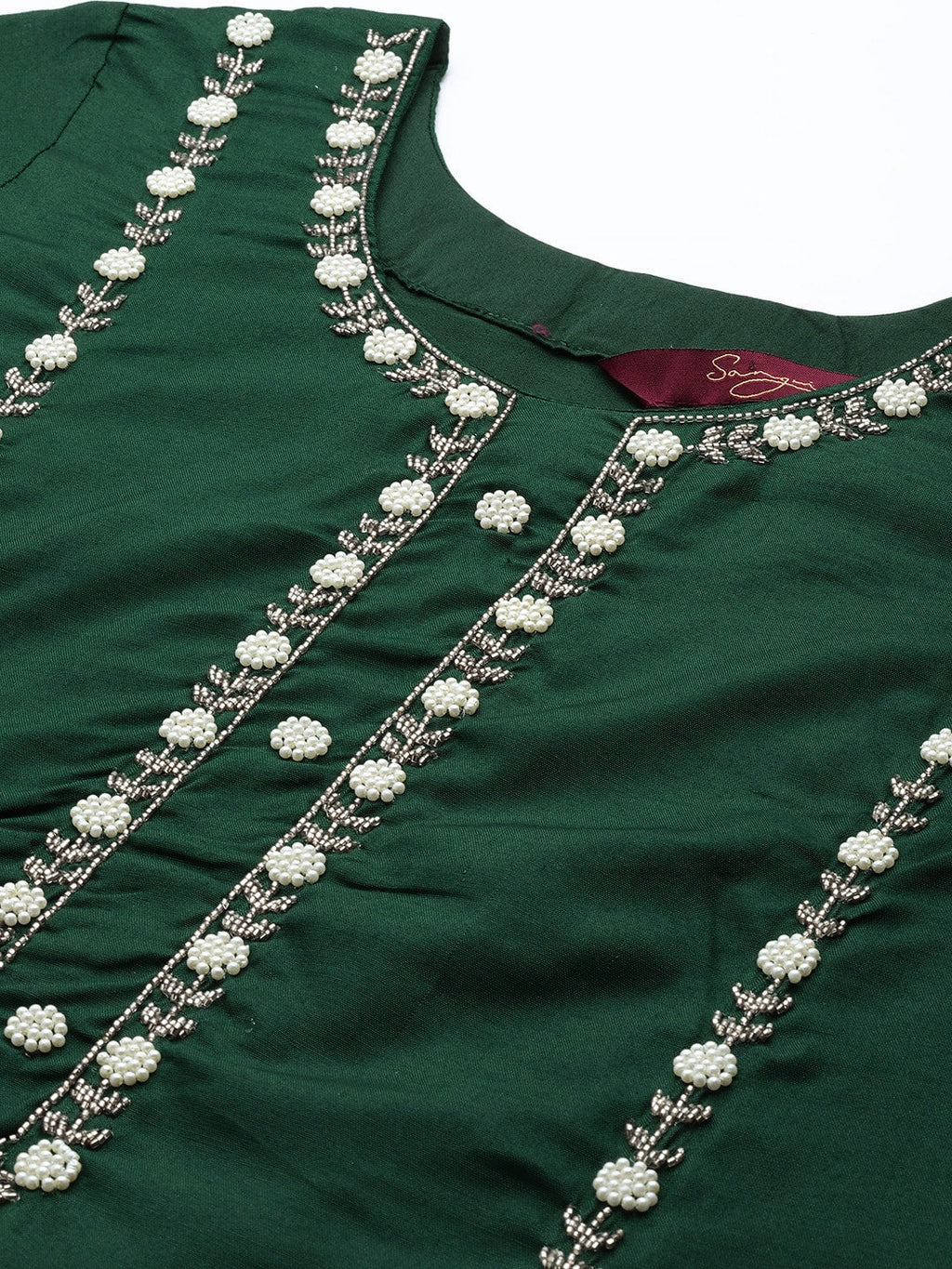 Sangria Women Green & White Ethnic Embellished Beaded Kurta with Trousers & Dupatta | Grocsy