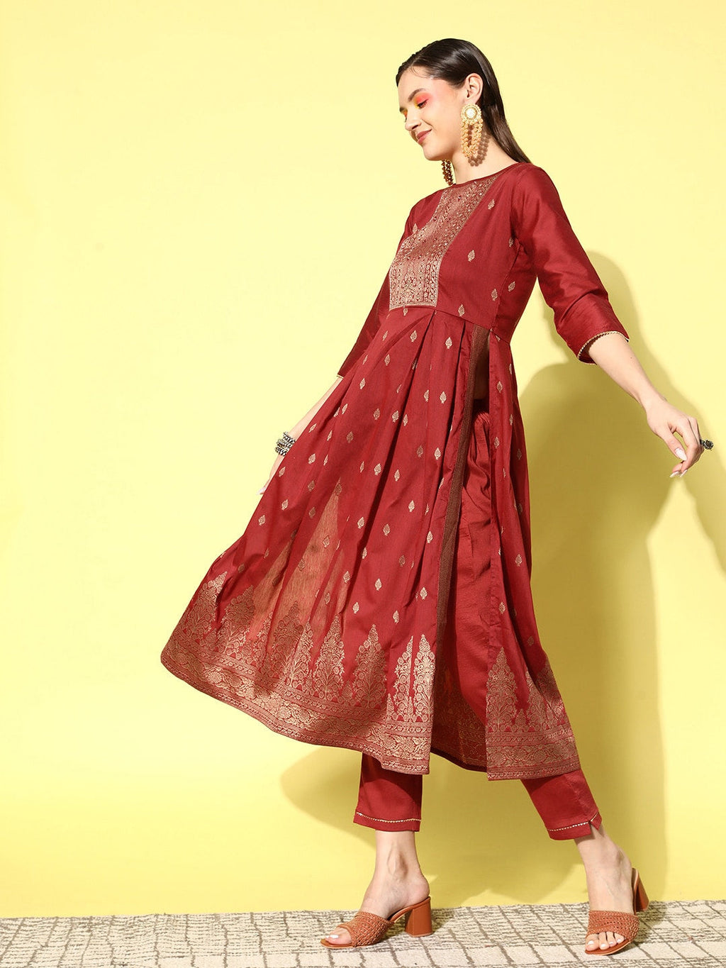 Sangria Floral Yoke Design Pleated Mirror Work Chanderi Silk Kurta with Trousers | Grocsy
