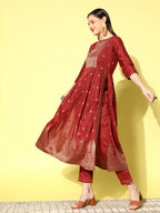Sangria Floral Yoke Design Pleated Mirror Work Chanderi Silk Kurta with Trousers | Grocsy