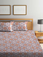 BOMBAY DYEING Brown & White Ethnic Motifs Cotton 104 TC King Bedsheet with 2 Pillow Covers | Grocsy