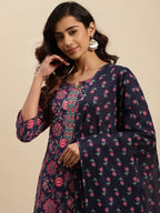 Sangria Navy Blue Floral Printed Beads and Stones Pure Cotton Kurta With Trouser & Dupatta | Grocsy