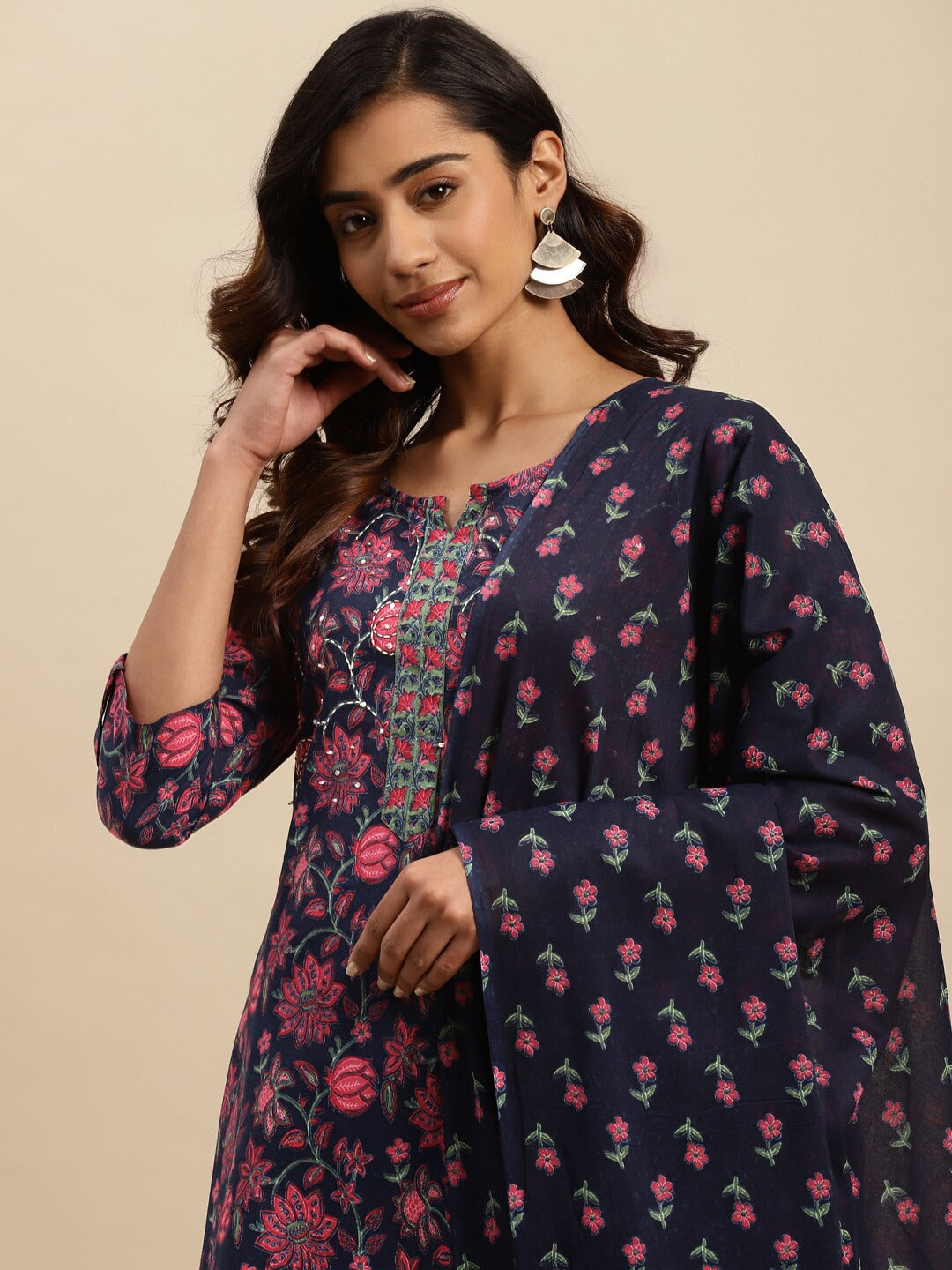 Sangria Navy Blue Floral Printed Beads and Stones Pure Cotton Kurta With Trouser & Dupatta | Grocsy