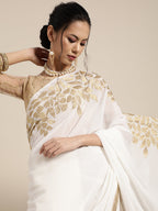 Saree Mall White & Golden Floral Muga Saree | Grocsy