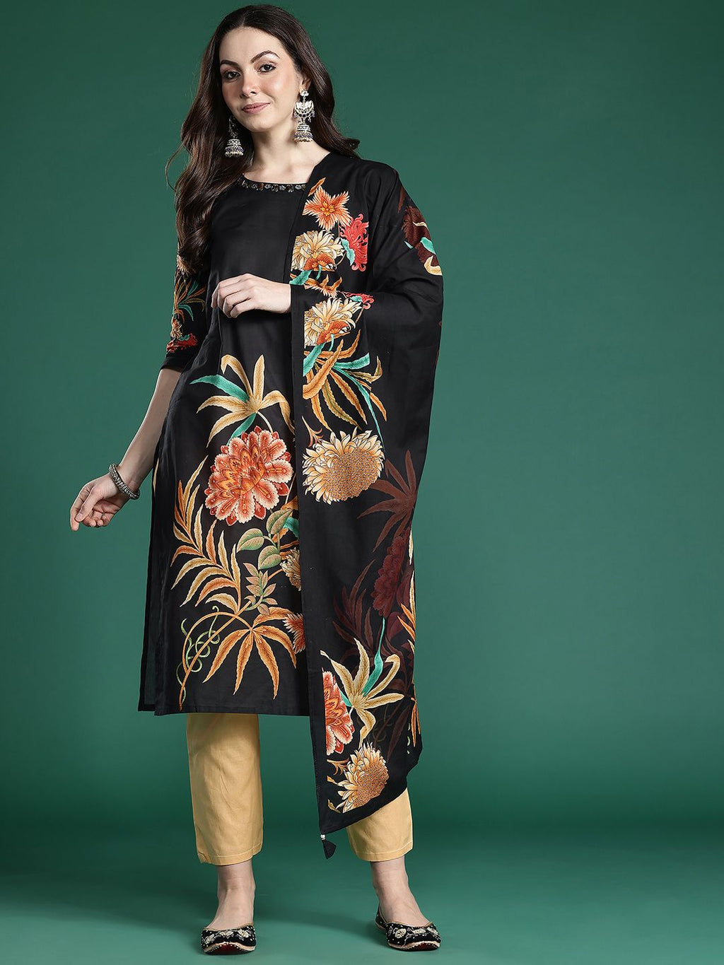 Indo Era Women Floral Printed Pure Cotton Kurta with Trousers & With Dupatta | Grocsy