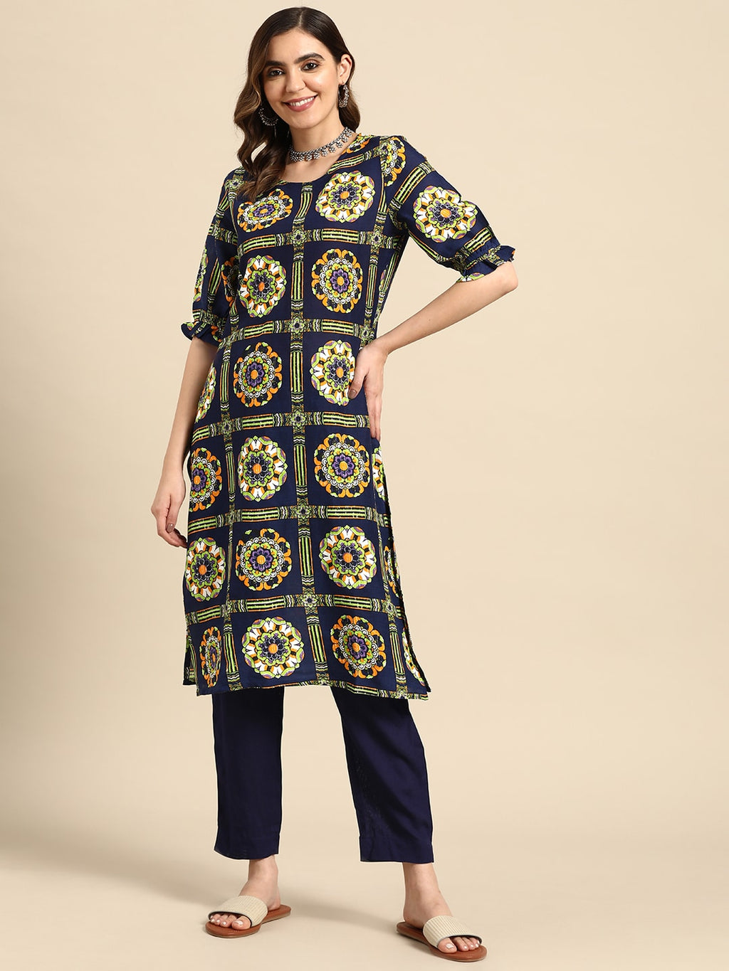 Sangria Women Ethnic Motifs Printed Kurta with Trousers | Grocsy