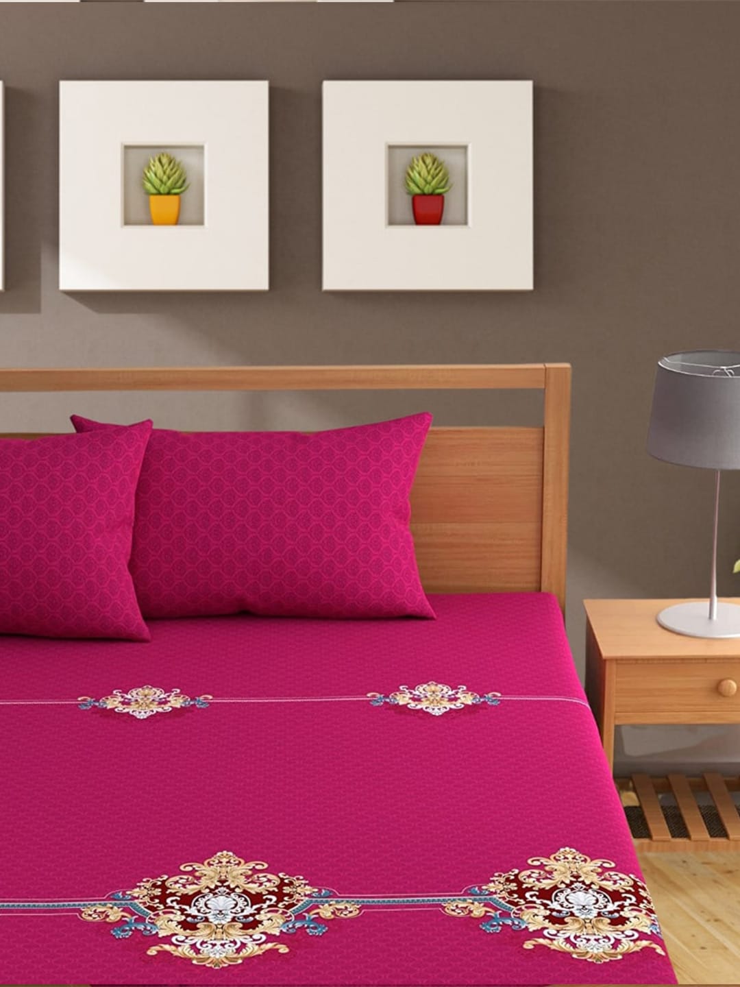 Bajo's Pink & Cream-Coloured Printed Cotton 210 TC King Bedsheet with 2 Pillow Covers | Grocsy