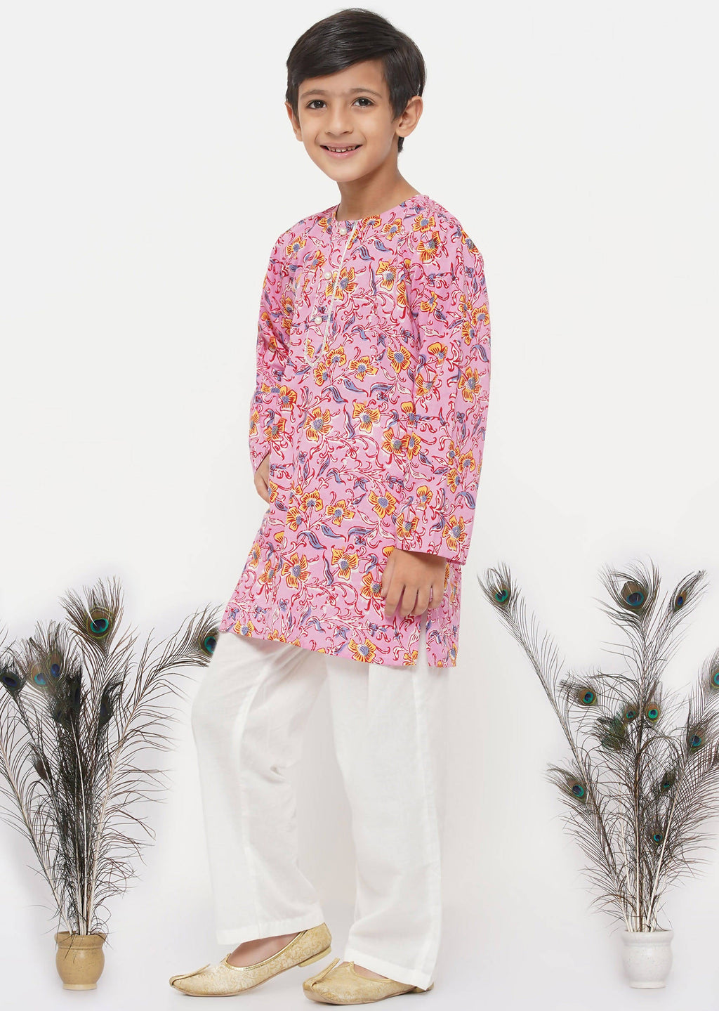 Little Bansi Boys Cotton Block Print Floral Kurta with Pearl Buttons & Pyjama in Pink & Cream | Grocsy
