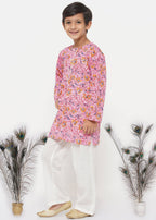 Little Bansi Boys Cotton Block Print Floral Kurta with Pearl Buttons & Pyjama in Pink & Cream | Grocsy
