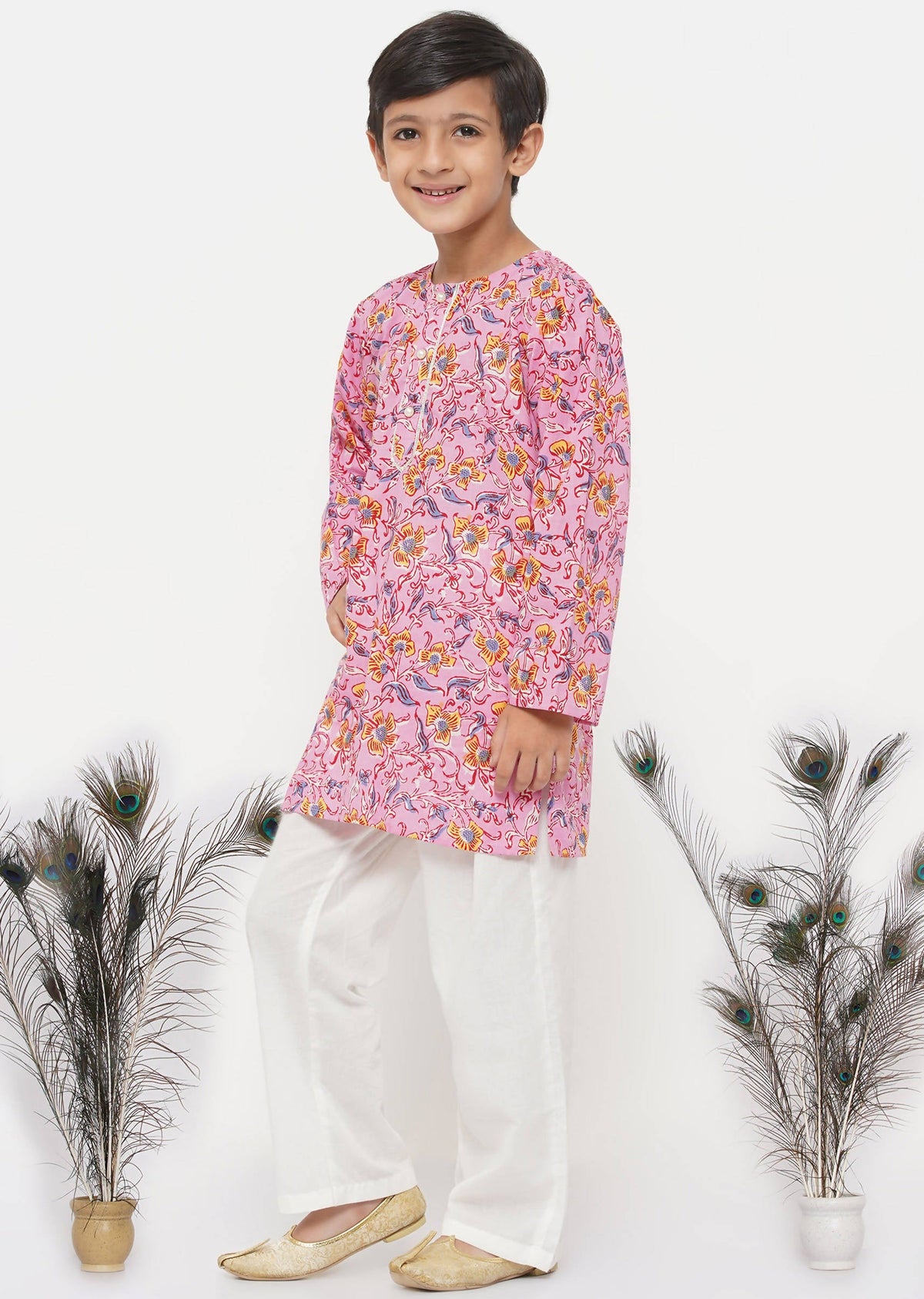 Little Bansi Boys Cotton Block Print Floral Kurta with Pearl Buttons & Pyjama in Pink & Cream | Grocsy
