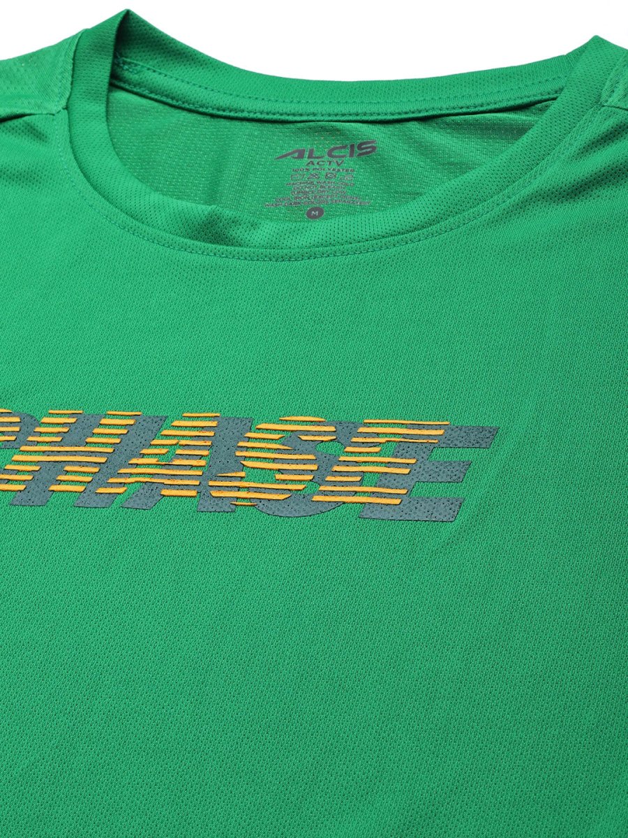 Alcis Men Green & Yellow Typography Printed Slim Fit Running T-shirt | Grocsy