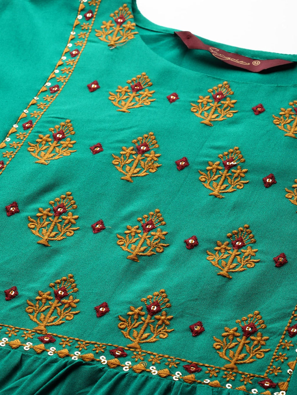 Sangria Women Green Floral Embroidered Mirror Work Kurta | Grocsy