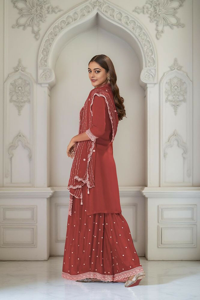 Ethnic Festive Wear Premium Chinon Fabric Rust orange Stitched Suit With Dupatta-Zeeya | Grocsy