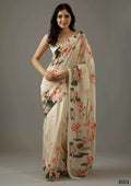Partywear Designer Cream Bright Moss Fancy Saree - Durga | Grocsy