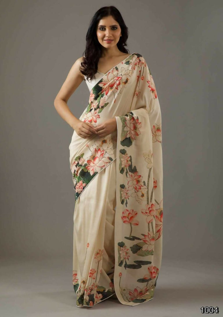 Partywear Designer Cream Bright Moss Fancy Saree - Durga | Grocsy