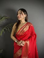 Joban Fashion Red Banarasi Cotton Silk Woven Saree | Grocsy