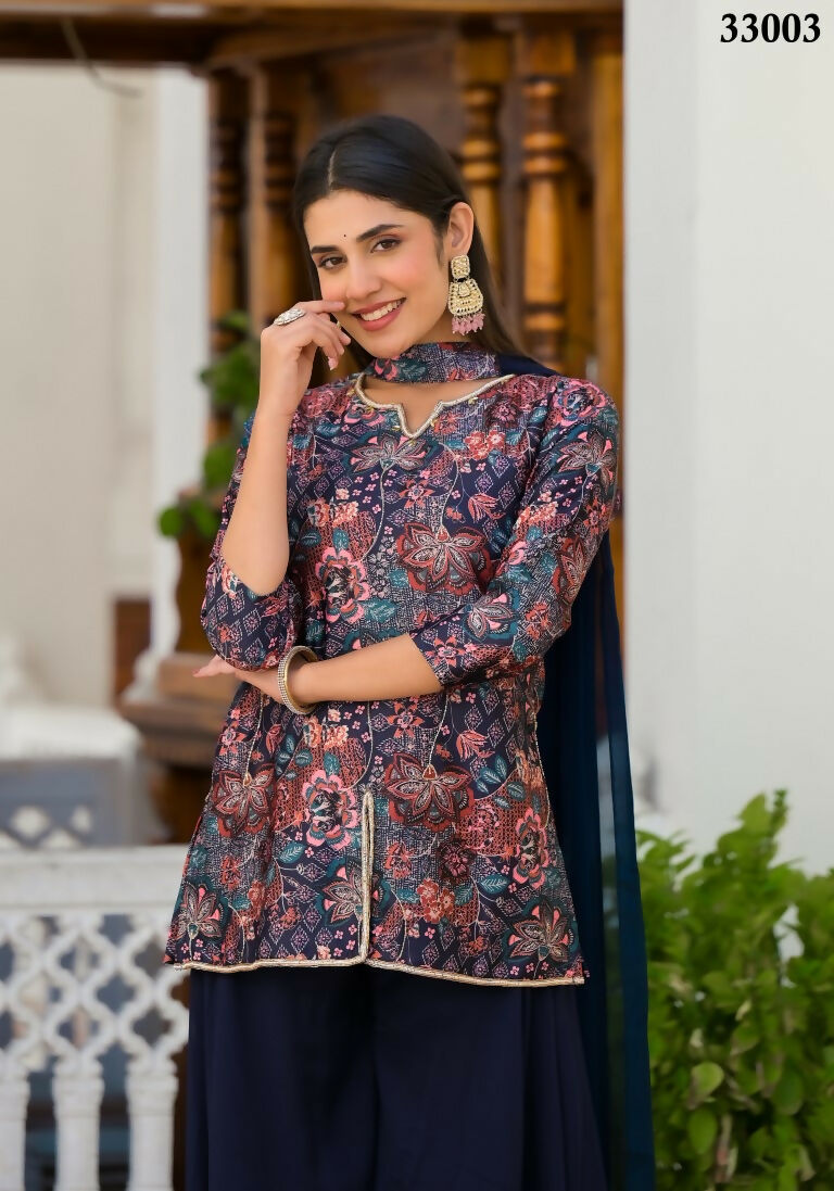 Designer Stylish Navy Blue Dull satin Stitched Suit With Dupatta - Samya | Grocsy