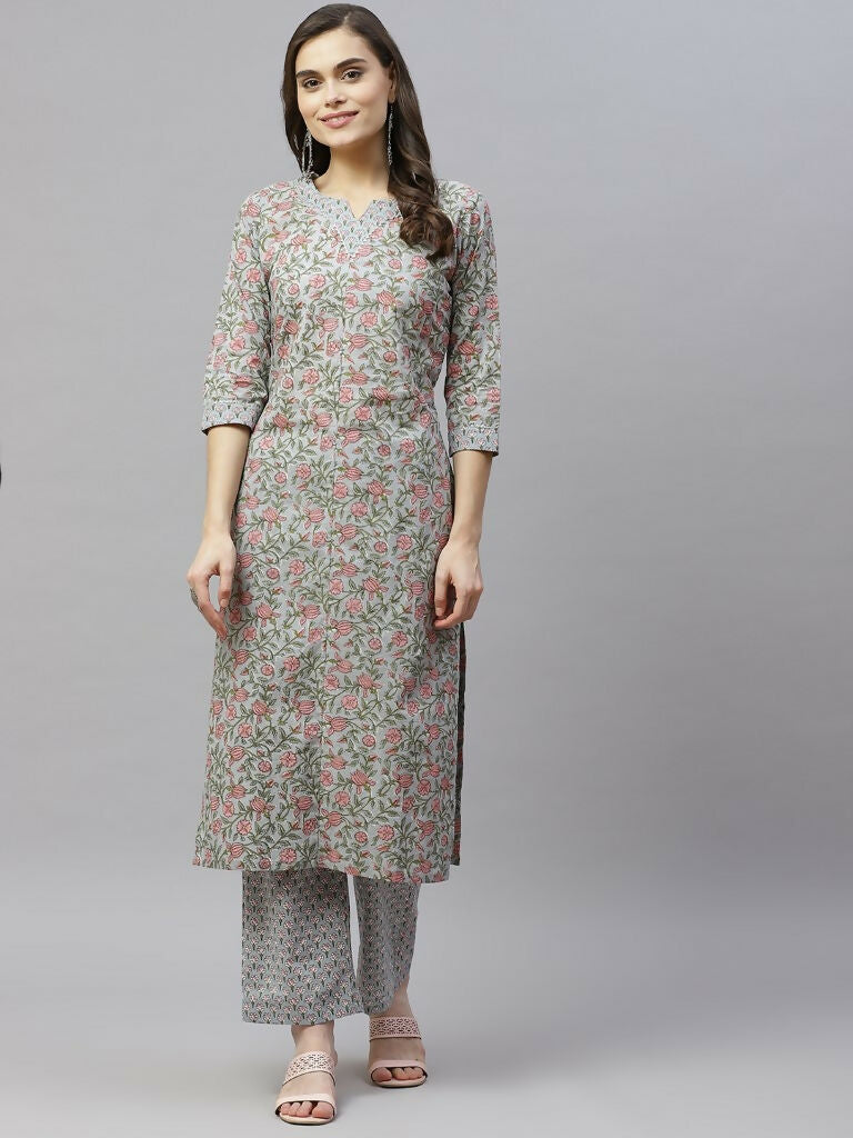 Miravan Women's Cotton Floral Printed Straight Kurta Palazzo  | Grocsy