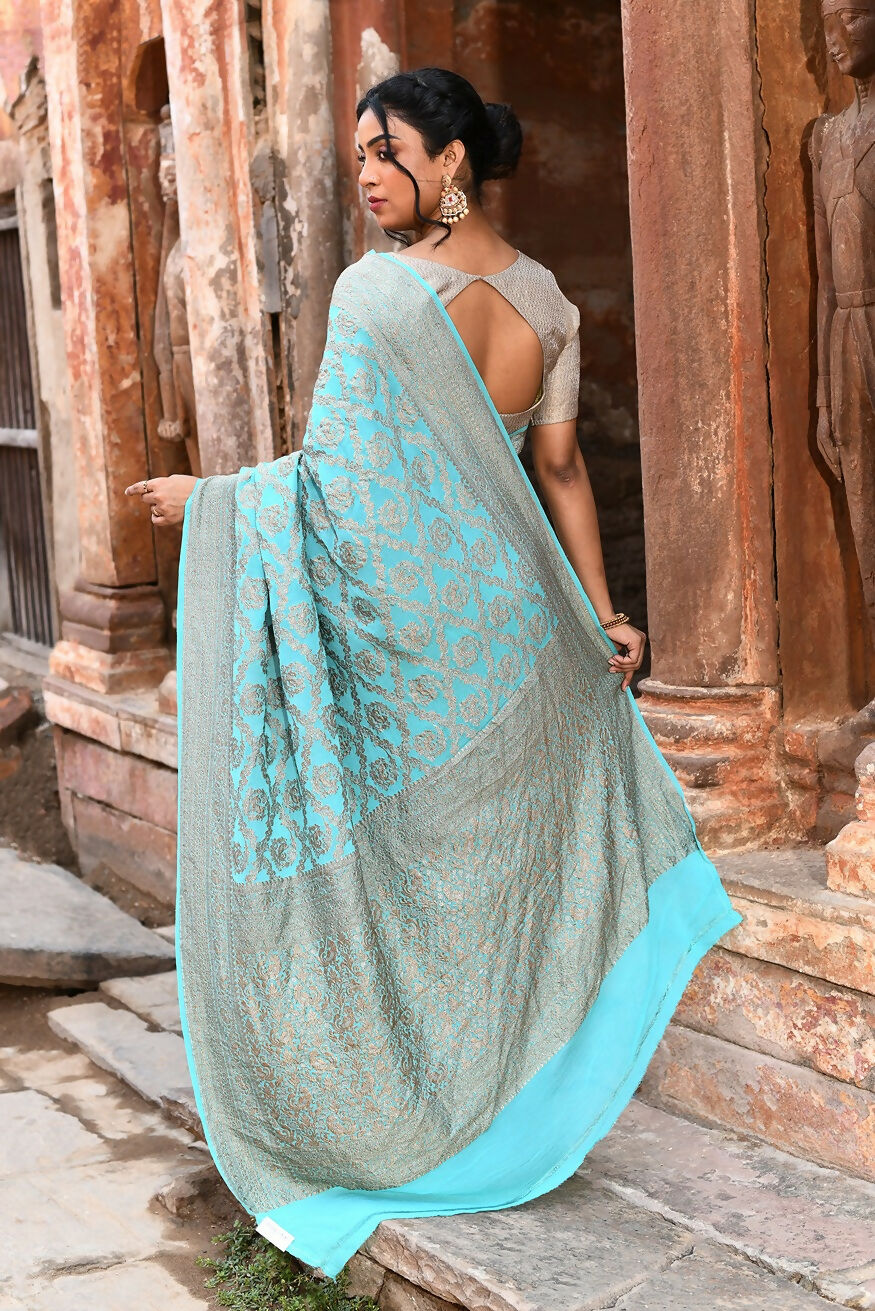 Joban Fashion Teal Green Crepe Chiffon Pure Handloom Banarasi Silk Saree | Grocsy