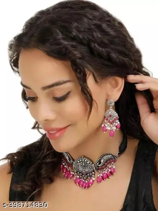 Tehzeeb Creations Women's Silver Plated Necklace Set With Rani Colour Pearl | Grocsy