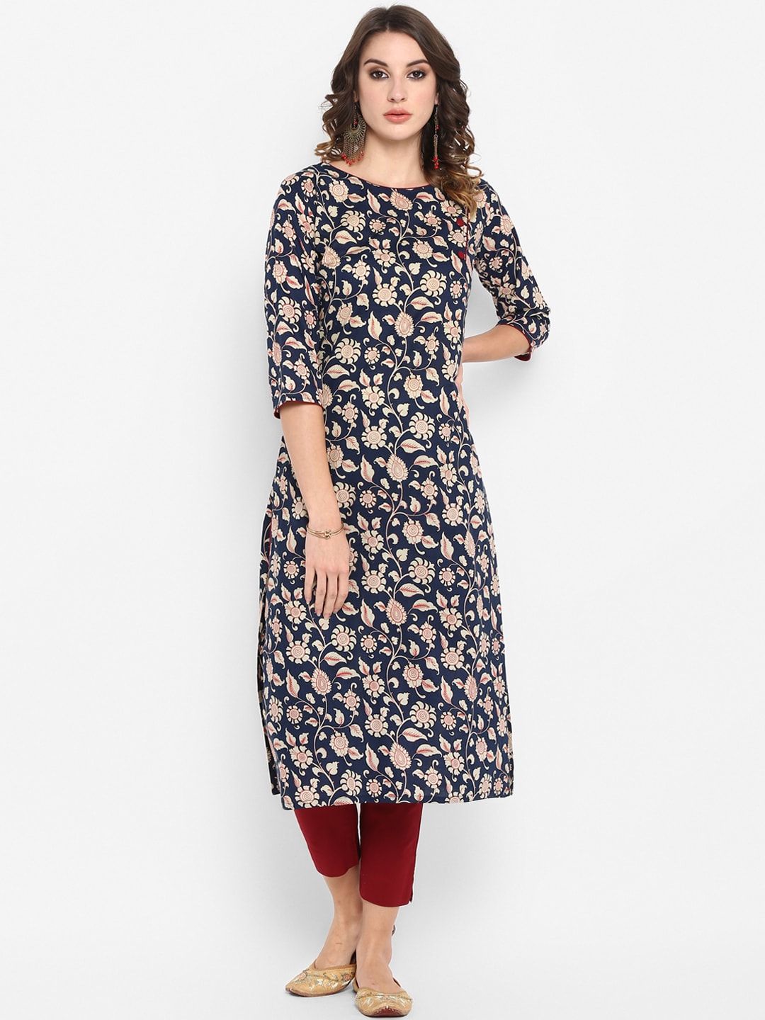 Janasya Women Navy Blue Ethnic Motifs Printed Regular Pure Cotton Kurta with Trousers | Grocsy
