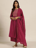 Sangria Women Magenta & Golden Printed Kurta with Palazzos & Dupatta | Grocsy