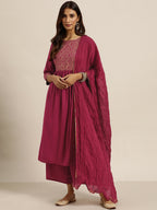 Sangria Women Magenta & Golden Printed Kurta with Palazzos & Dupatta | Grocsy